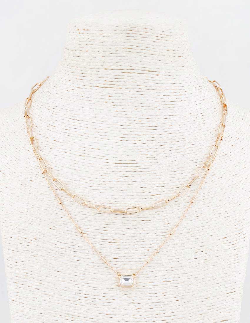 Gold Layered Chain with Rectangle Crystal 16"-18" Necklace