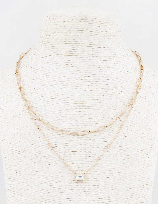 Gold Layered Chain with Rectangle Crystal 16"-18" Necklace