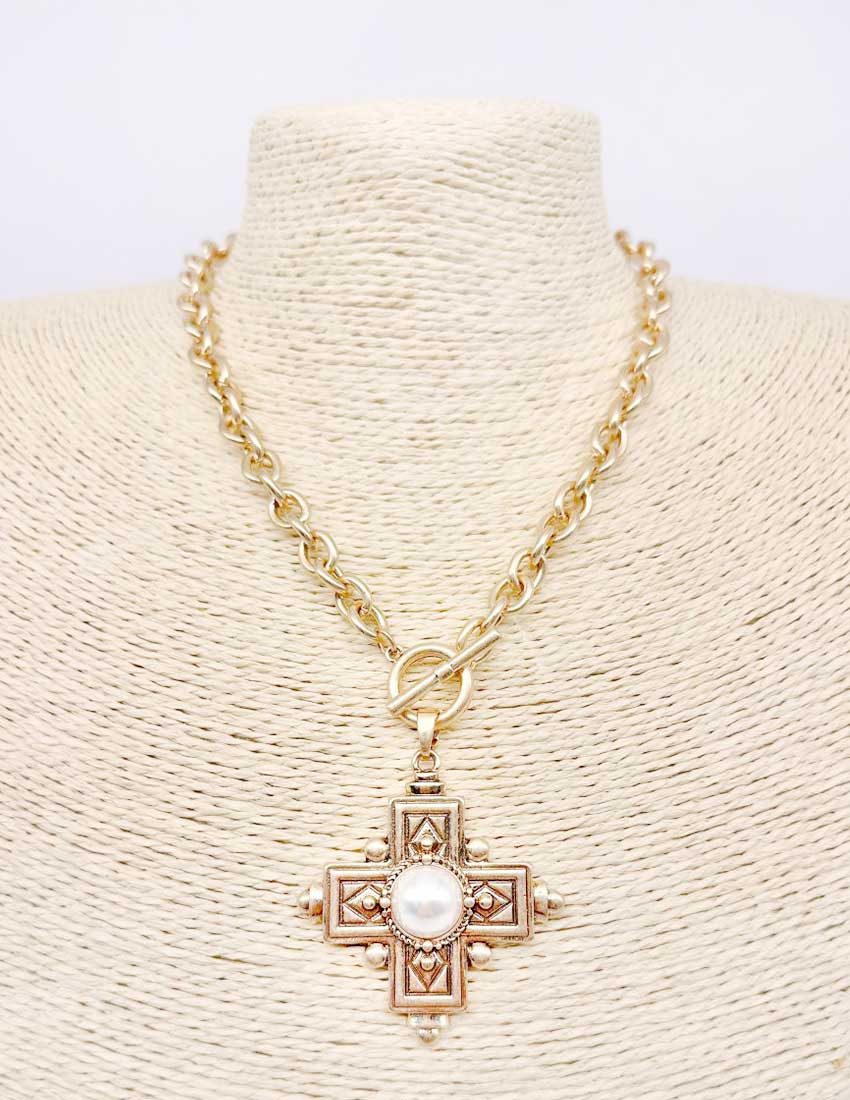 Worn Gold Chain with Pearl and Filigree Charm 16"-18" Necklace