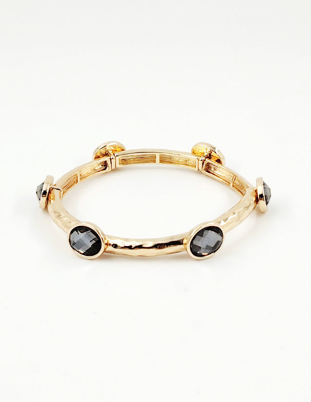 Hammered Gold Textured and Black Diamond Stone Stretch Bracelet