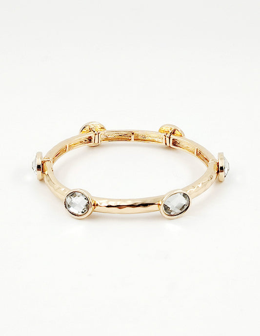 Hammered Gold Textured and Clear Stone Stretch Bracelet