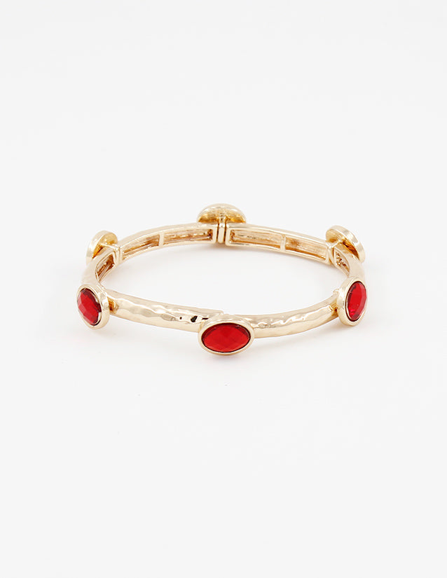 Hammered Gold Textured and Red Stone Stretch Bracelet