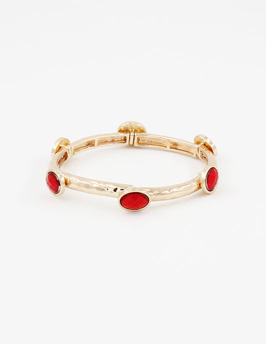 Hammered Gold Textured and Red Stone Stretch Bracelet