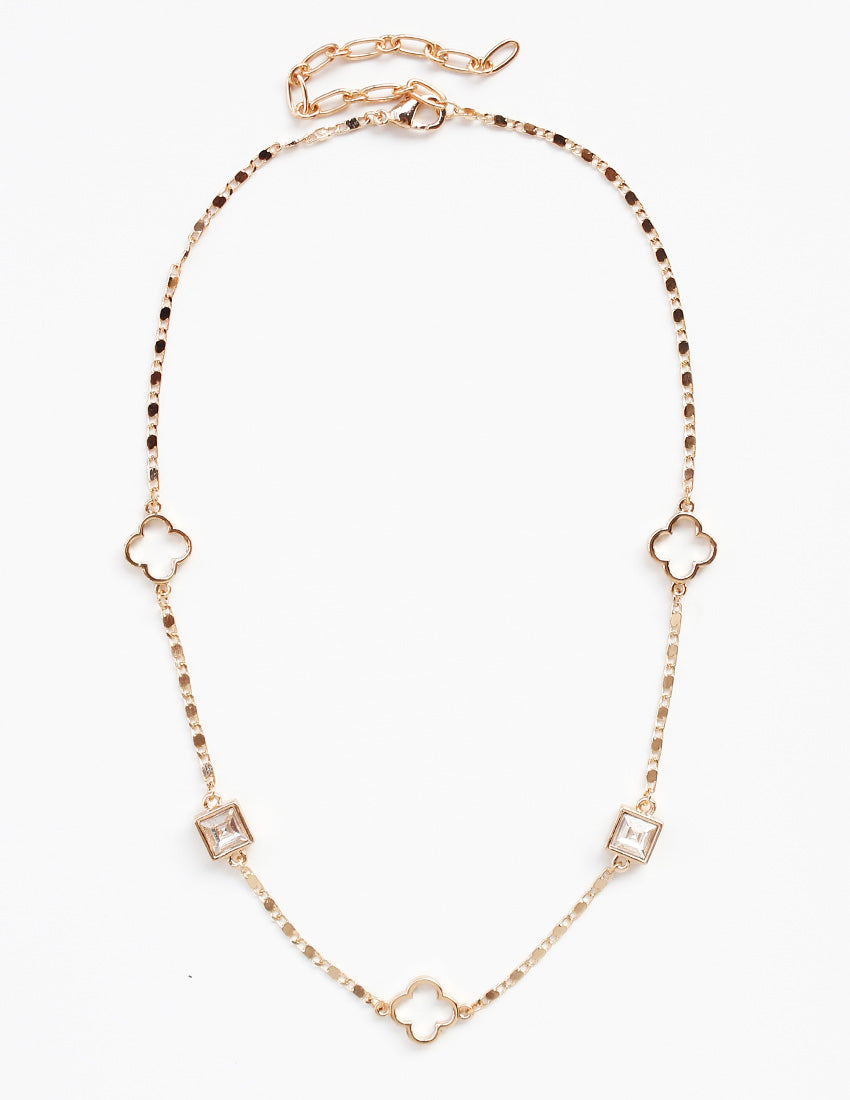 Gold Textured Chain with Open Clover and Squared Clear Stone 16"-18" Necklace