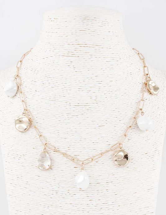 Gold Coin, Pearl, and Crystal Drop Charm 16"-18" Necklace