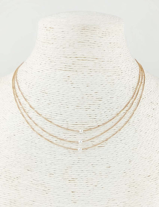 Triple Layered Gold Chain with Small Pearl Beaded 16"-18" Necklace