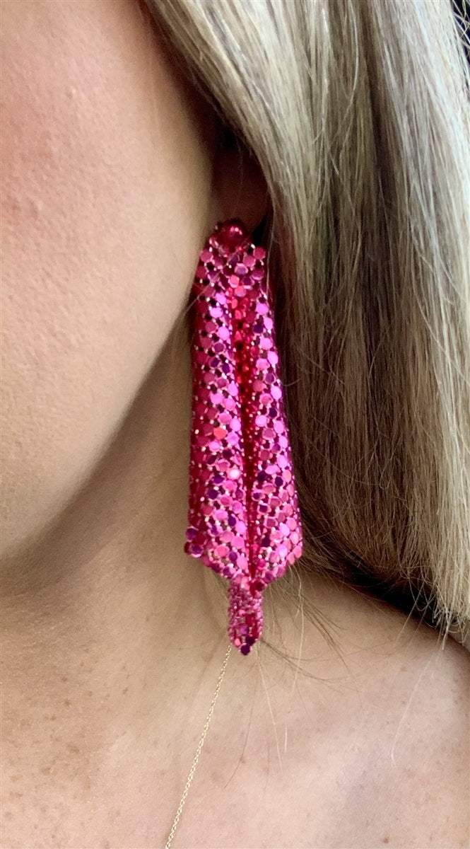 Hot Pink Metal Mesh Drop Earring, Very Popular!