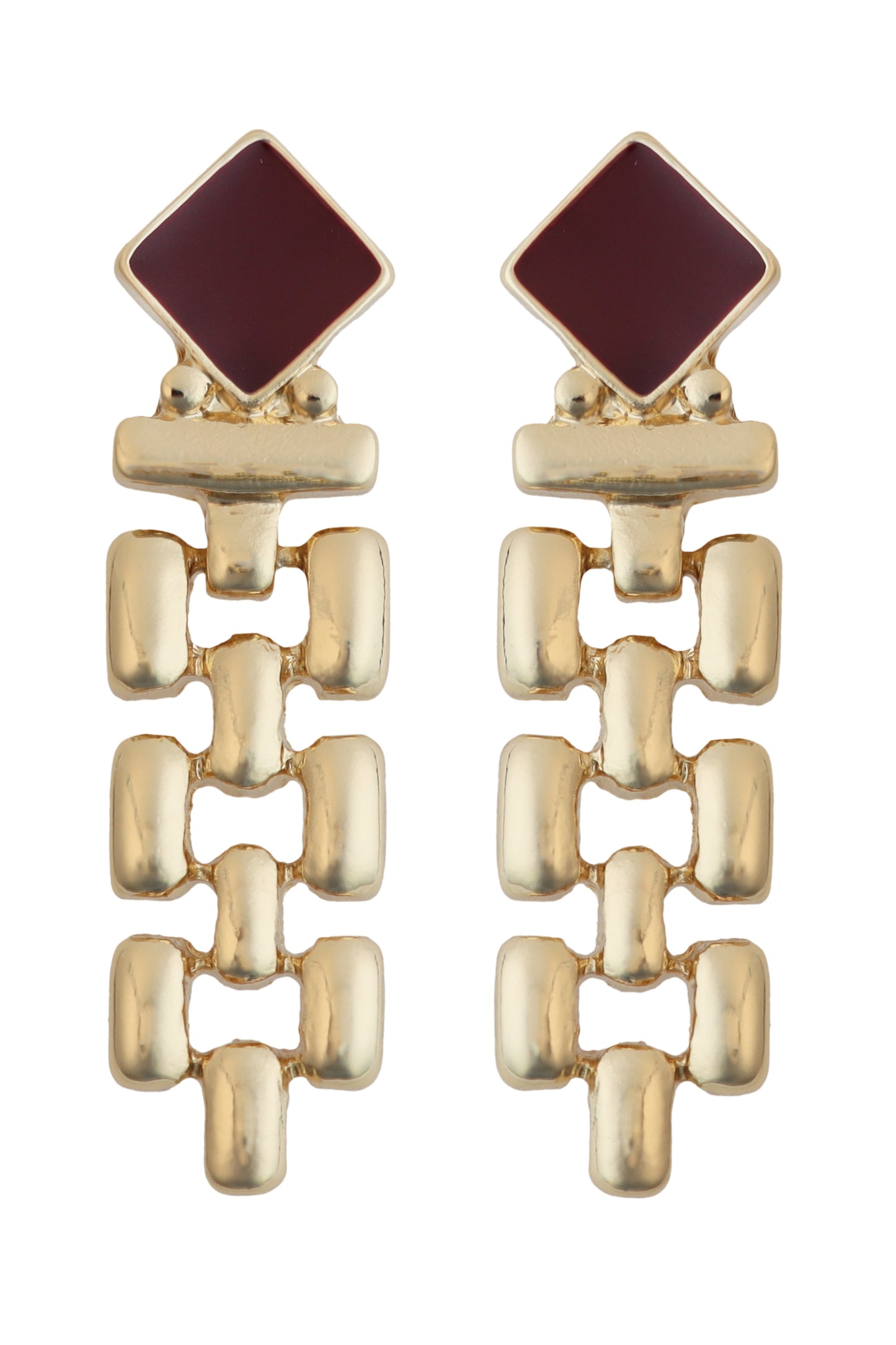 Maroon Enamel Square with Gold Geometric Drop 2" Earring