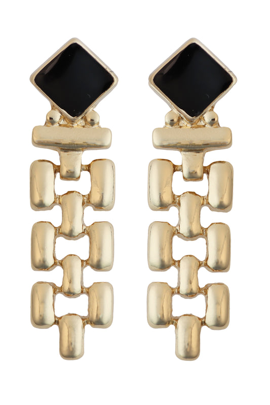 Black Enamel Square with Gold Geometric Drop 2" Earring