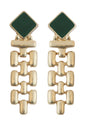Green Enamel Square with Gold Geometric Drop 2" Earring