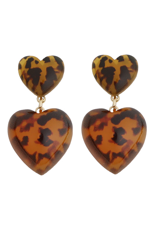 Cheetah Print Acrylic Double Heart Drop Earring