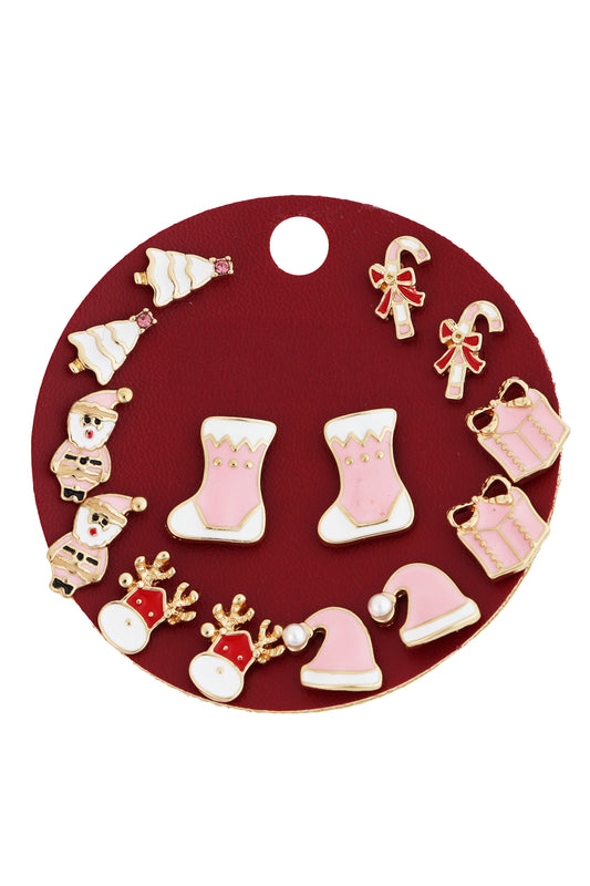 Pink Christmas Stocking, Santas, Gifts, Set of 7 Stud Earrings