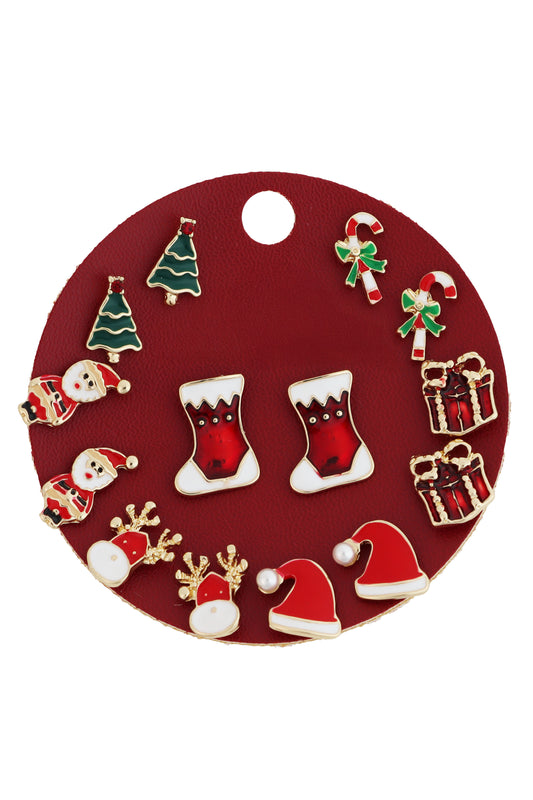 Red Christmas Stocking, Santas, Gifts, Set of 7 Stud Earrings