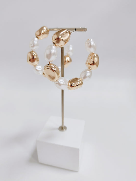Gold Textured and Pearl 2" Hoop Earring