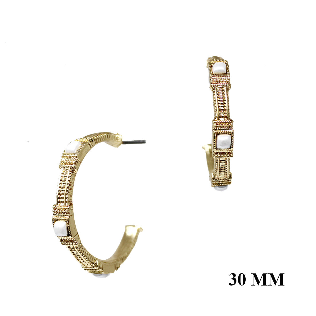 Gold Textured with Pearl 1.5" Hoop Earring
