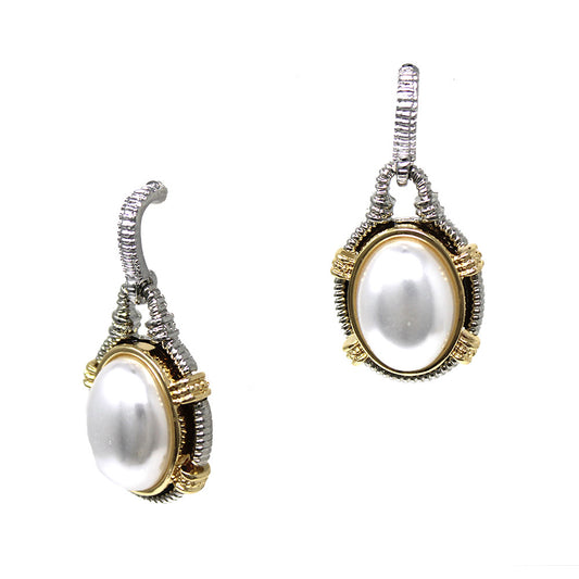 Antiqued Style Silver and Gold with Oval Pearl 1" Earring