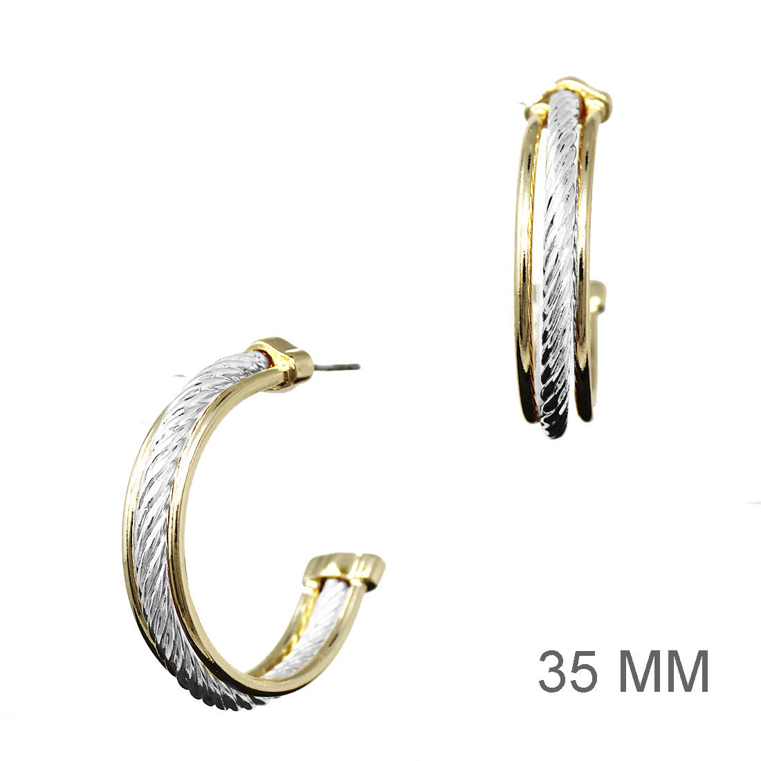 Gold and Silver Triple Layered with Twisted Middle 1.5" Hoop Earring
