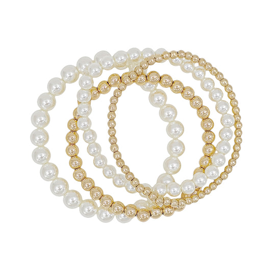 Gold Beaded and Pearl Set of 4 Stretch Bracelets