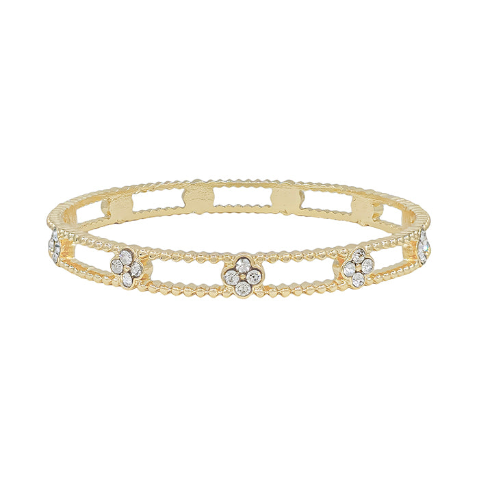 Gold Textured Bangle with Rhinestone Clover Accents