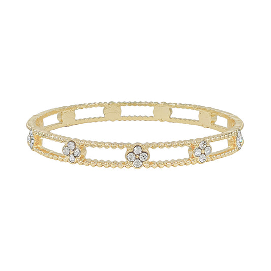 Gold Textured Bangle with Rhinestone Clover Accents