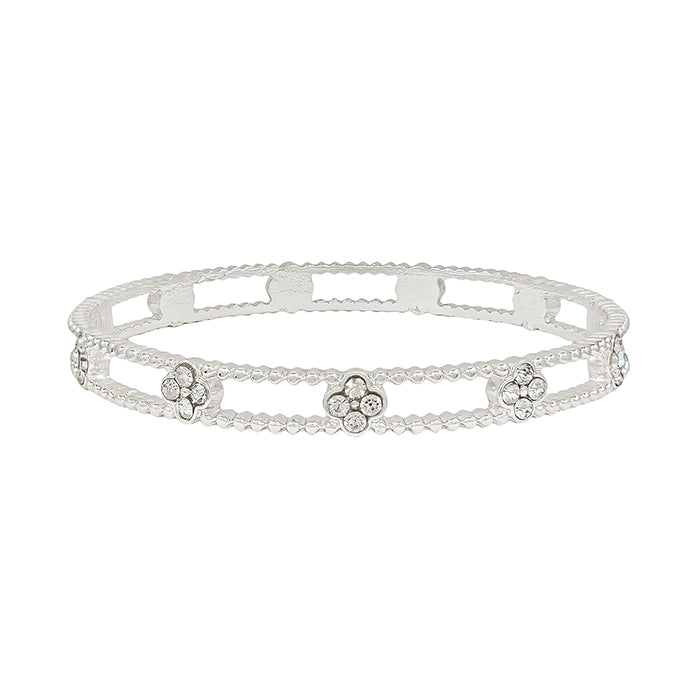 Silver Textured Bangle with Rhinestone Clover Accents