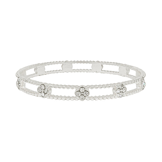 Silver Textured Bangle with Rhinestone Clover Accents