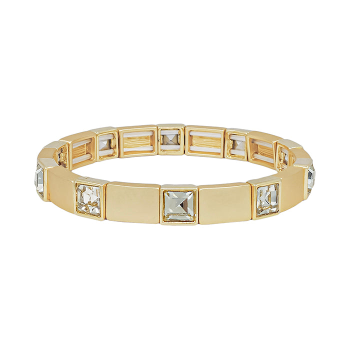 Gold Ribbed Bracelet with Clear Square Accent