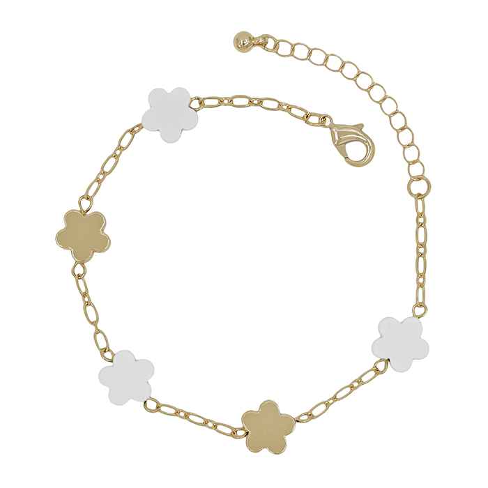 Gold Chain with Color Coated White and Gold Flower Accent 7.5" Bracelet