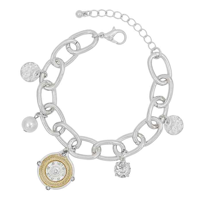 Silver Chain with Two Tone Coin and Pearl Charm Bracelet