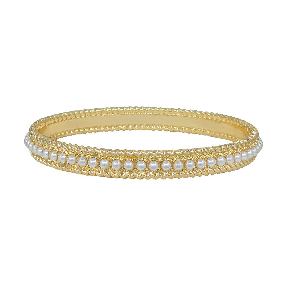 Gold Textured and Pearl Bangle Bracelet