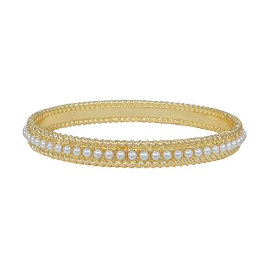 Gold Textured and Pearl Bangle Bracelet