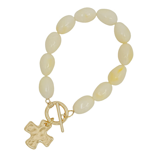 Natual Oval Resin Beaded Stretch Bracelet with Hammered Gold Cross Charm