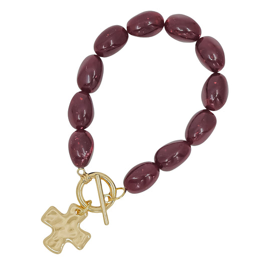 Maroon Oval Resin Beaded Stretch Bracelet with Hammered Gold Cross Charm