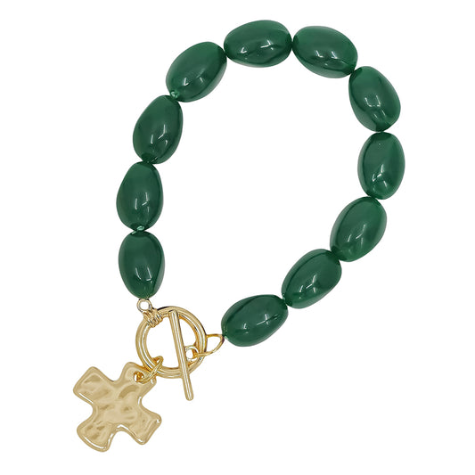 Emerald Green Oval Resin Beaded Stretch Bracelet with Hammered Gold Cross Charm