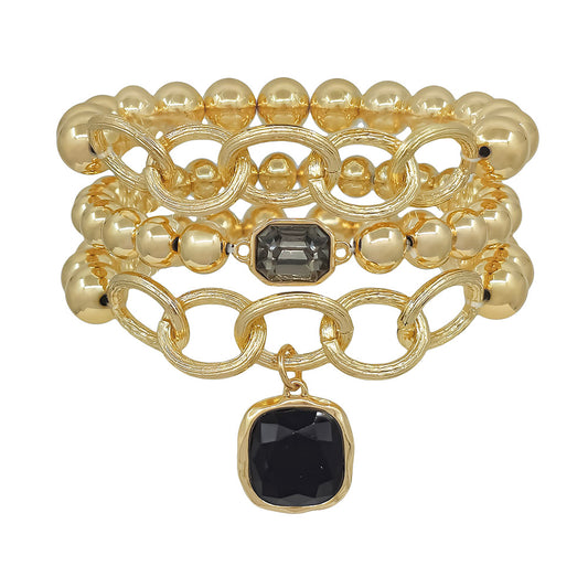 Set of 3 8MM & 10MM Black Crystal Stone Stretch Bracelet