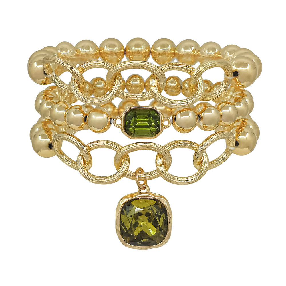Set of 3 8MM & 10MM Green Crystal Stone Stretch Bracelet