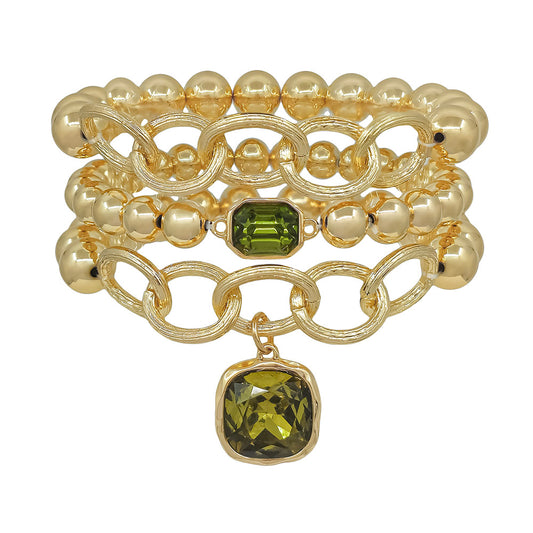 Set of 3 8MM & 10MM Green Crystal Stone Stretch Bracelet