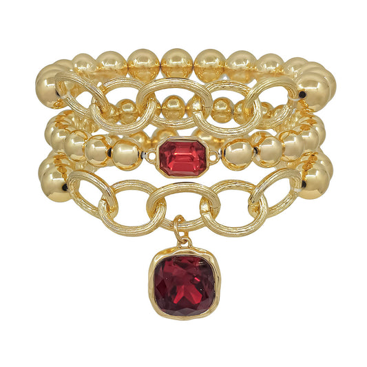 Set of 3 8MM & 10MM Red Crystal Stone Stretch Bracelet