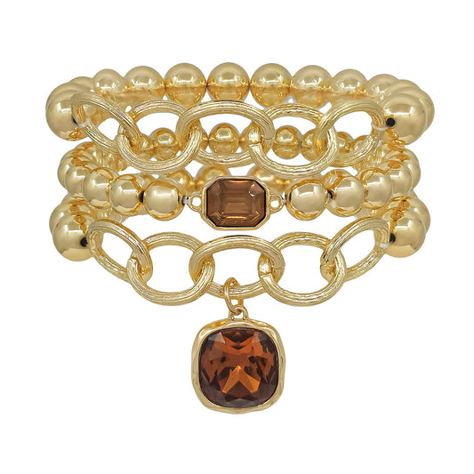 Set of 3 8MM & 10MM Topaz Crystal Stone Stretch Bracelet