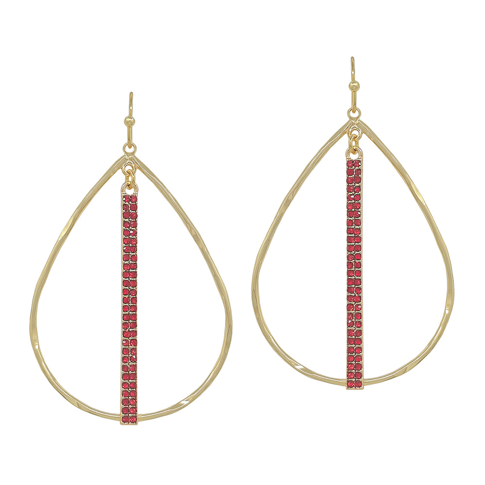 Open Teardrop with Red Rhinestone Bar 2" Earring