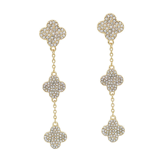 Triple Drop Gold Rhinestone Clover 2" Earring