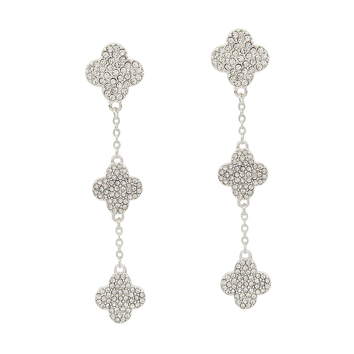 Triple Drop Silver Rhinestone Clover 2" Earring