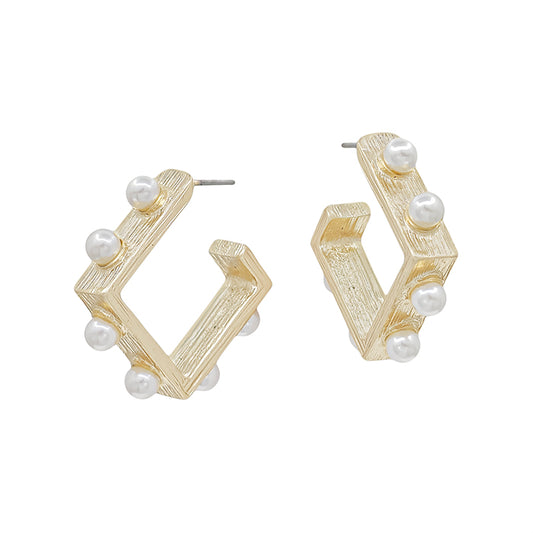 Gold Diamond Shape with Pearl Studs Hoop 1" Earring