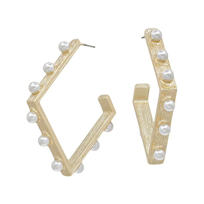 Gold Diamond Shape with Pearl Studs Hoop 2" Earring