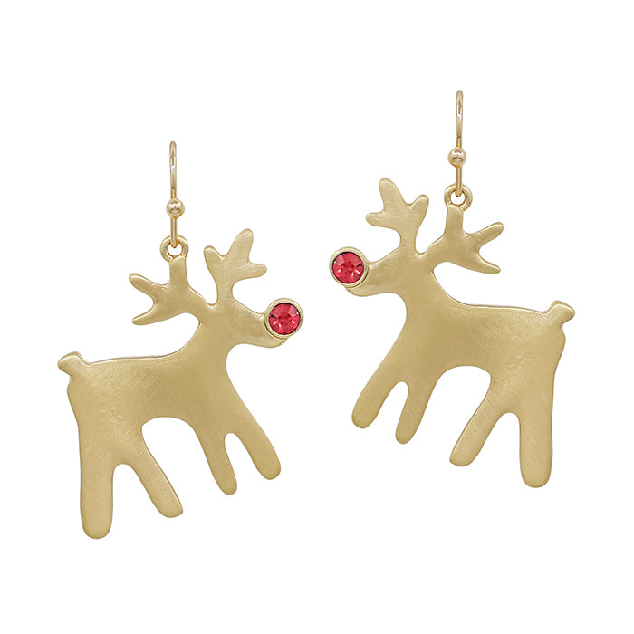 Gold Reindeer with Red Stone Nose 1.5" Earring