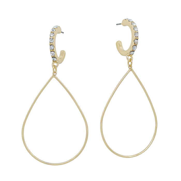 Gold Teardrop with Rhinestone Huggie Hoop 2" Earring