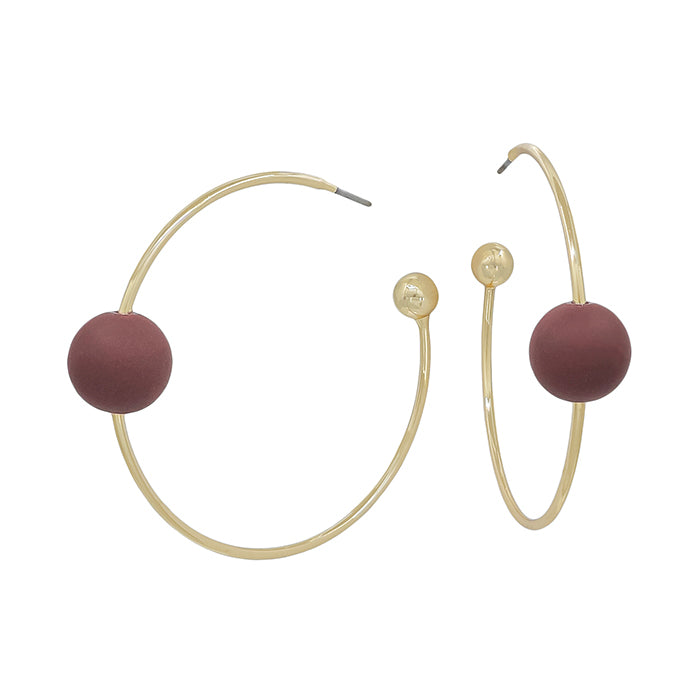 Gold Thin Hoop with Maroon Beaded Accent