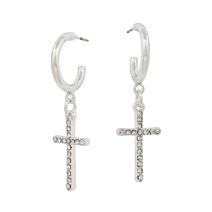 Silver Huggie with Rhinestone Cross 1" Earring