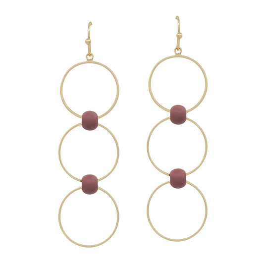 Gold Triple Drop Circle with Maroon Beaded Accents 2" Earring