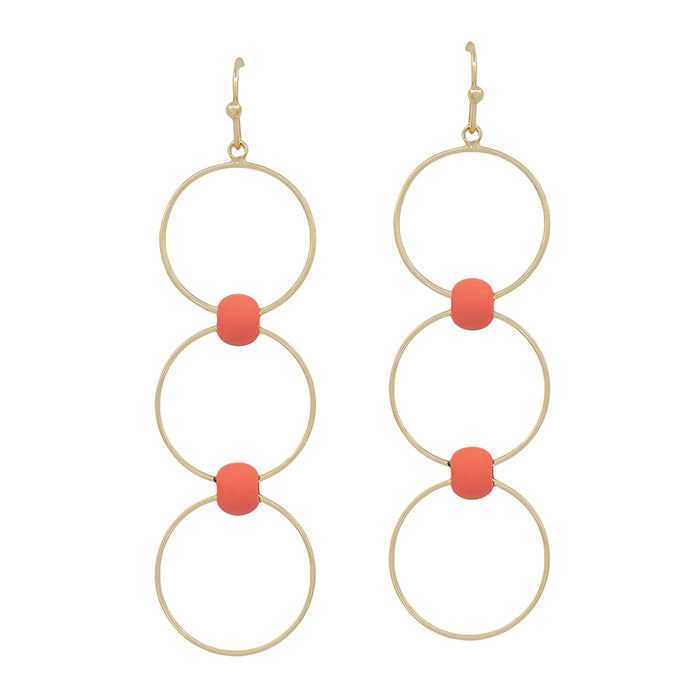 Gold Triple Drop Circle with Orange Beaded Accents 2" Earring